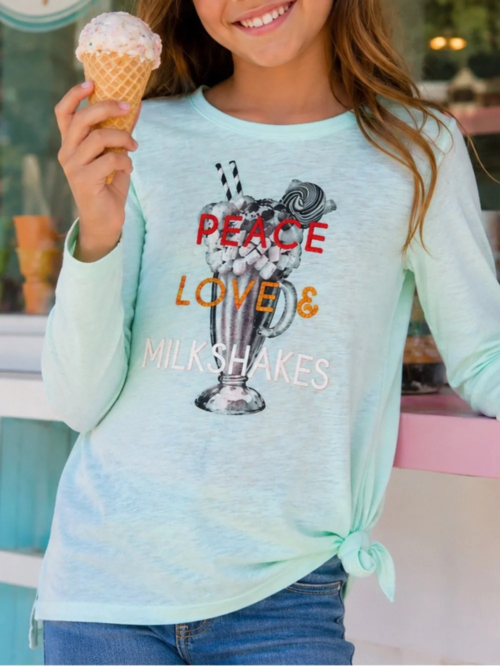 EPIC THREADS Girls Mint Green Tunic Tee Peace Love Milkshakes Long Sleeve Top M